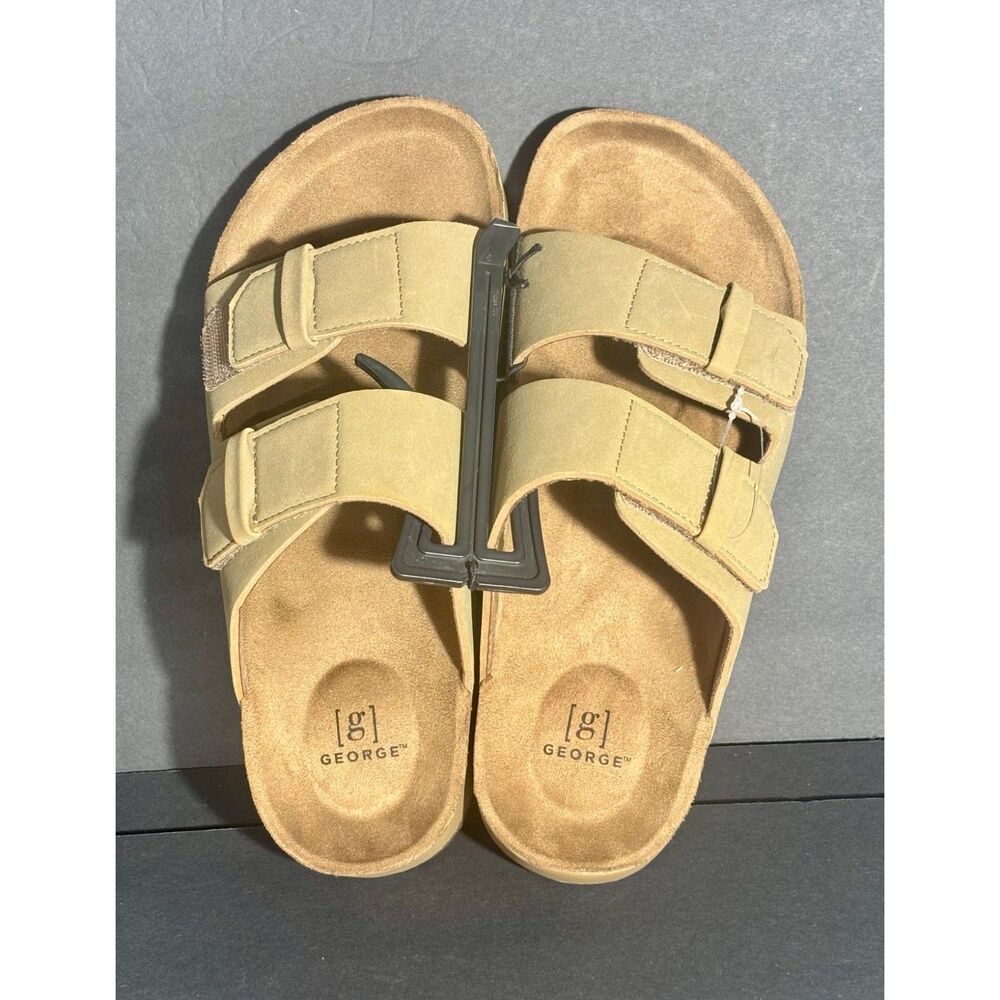 George Men's Sandals Size 7 M Tan Brown Adjustable Double Strap Comfort Slides